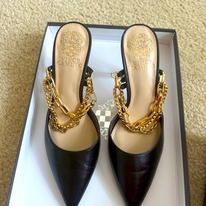 Vince Camuto black with gold chain heels